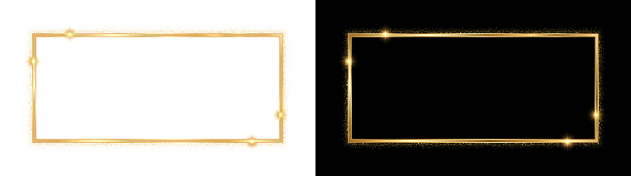 Frame with a smooth shiny gold border surrounded by fine glitter dust and small flare sparkles for elegant cards in PNG, Transparent and Black Background Versions