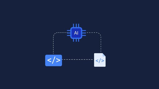 Animated AI technology concept showing code icons connected to an AI processor, representing programming, code processing, software development, automation, and intelligent computing.