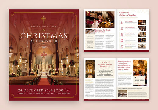 Christmas Church Magazine Template, Parish Newsletter, Christian Bulletin & Ministry Booklet Layout for Advent and Nativity