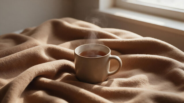 Camel fleece blanket with steaming tea mug cozy macro