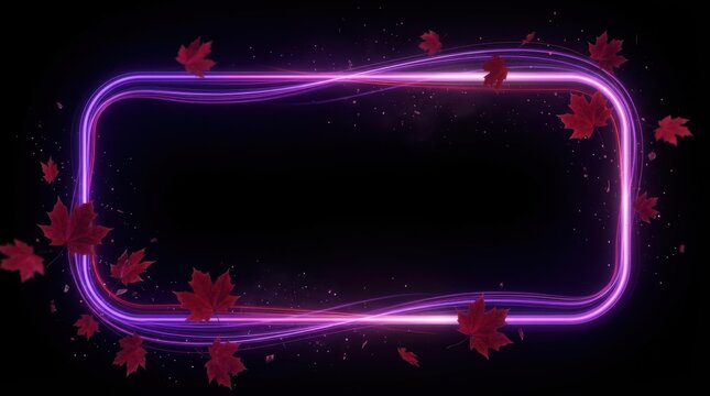 Rectangular Neon Frame with Falling Maple Leaves During Autumn Night