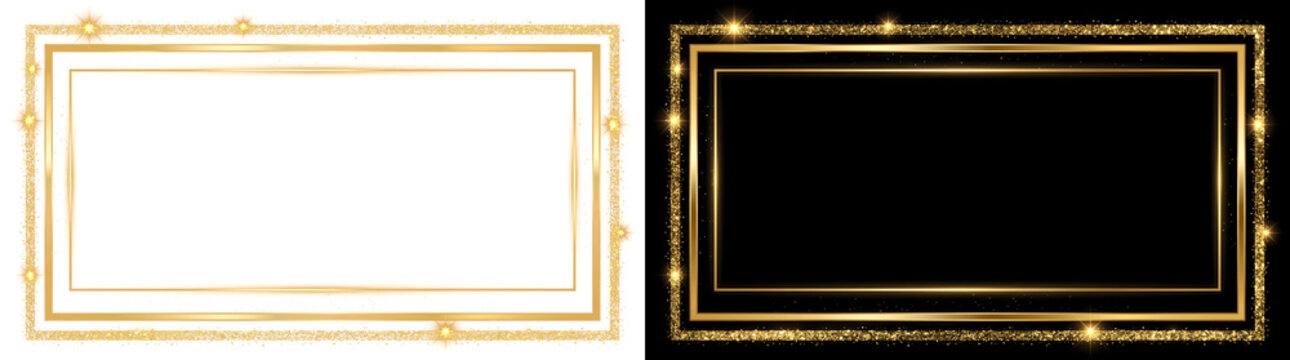 Frame with three nested rectangles combining a glitter outer line and polished golden borders for luxury layouts in PNG, Transparent and Black Background Versions