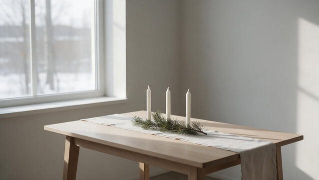 Minimal Scandinavian winter table with pine sprig and candles