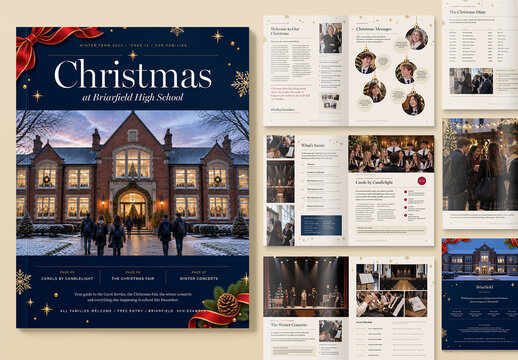School Christmas Magazine Template, Editable Holiday Newsletter & School Bulletin Layout for Winter Term Events, Students & Parents
