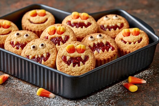 Halloween monster cookies with candy corn eyes and jam mouth spooky food
