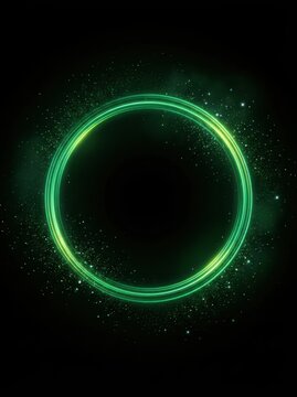 Green neon ring glowing with dust particles against a dark background