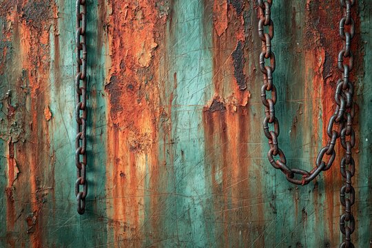 Rusty metal chains hanging on weathered peeling paint industrial wall