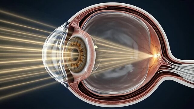 3D Motion Graphic Loop of Human Eye Cross Section Showing Light Rays Focusing Through Lens onto Fovea Retina