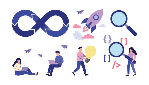 DevOps Software Development Vector Illustration Set with Infinity Loop Process Rocket Launch Magnifying Glass Code Brackets and Programmer Characters for Technology Concepts