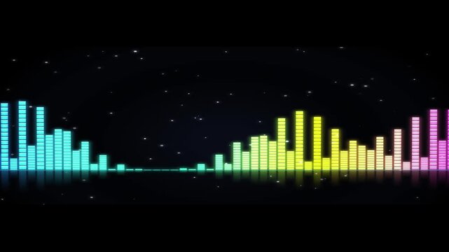 Colorful sound wave equalizer bars pulsing with digital energy against a dark bokeh background