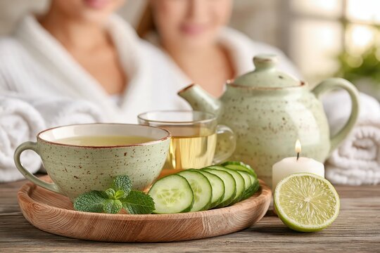 Spa tea set with cucumber slices and mint for relaxation and health