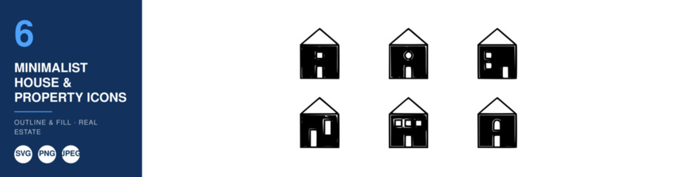 Minimalist House Icons Set, Property Outline and Fill Design. Real Estate Symbol Collection