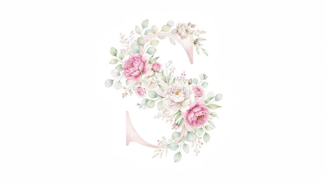 Delicate floral letter S with soft pink peonies and eucalyptus during spring isolated on transparent background