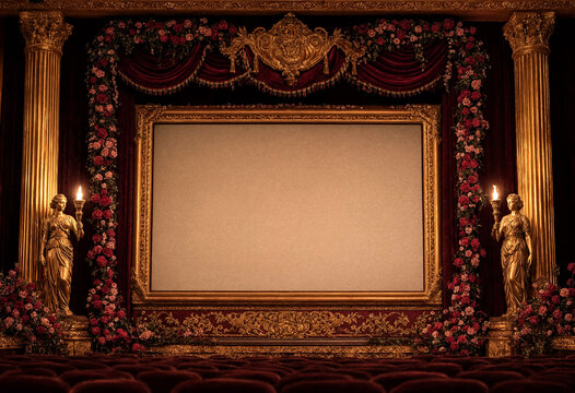Elegant vintage theater stage with ornate golden decorations and floral arrangements