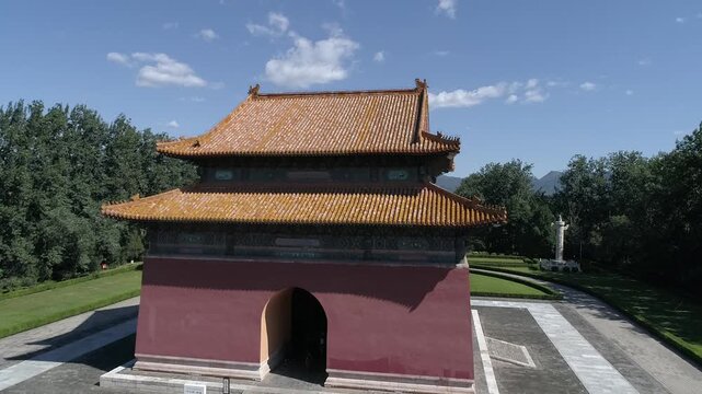 Raw footage of  Aerial drone view of Ming Tombs Changling mausoleum in China,Asia. The Ming Tombs, Sacred Way, The Ming Tombs, Beijing, China