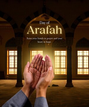 Day of Arafah Prayer Greeting Card with Raised Hands in Mosque