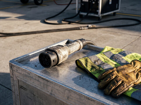 Heavy charging connector with safety vest and work gloves on cart
