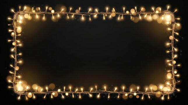 Warm golden string lights forming a festive border with bokeh against a dark backdrop
