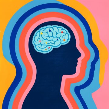 Human silhouette with brain inside representing thought creativity and mental wellness concepts