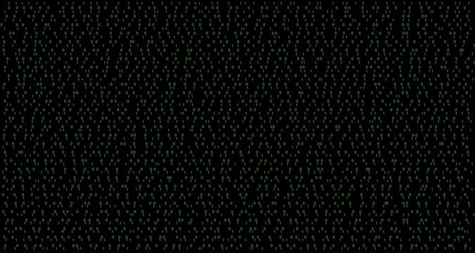 Binary code cascades in green matrix rain pattern, flowing cyber data streams creating futuristic hacker interface on dark digital background. JPEG version.