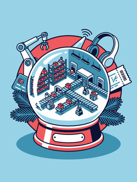 Modern holiday ecommerce warehouse in a snow globe with robots and conveyor belts