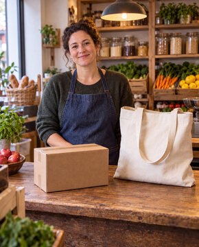 Shopkeeper with parcel and reusable tote in produce store