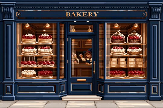 Charming vintage bakery storefront with delicious cakes and pastries