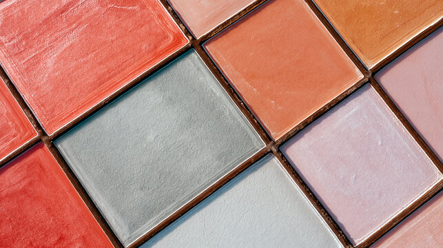 Overhead Aerial View of Colorful Geometric Salt Crystallization Ponds in Pink Teal and Amber Tones, Madura Island, Indonesia