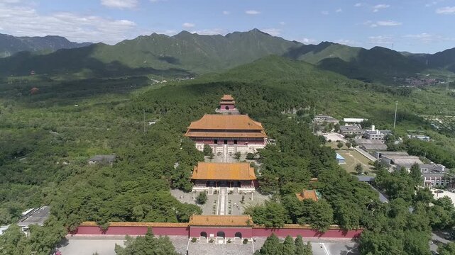 Raw footage of  Aerial drone view of Ming Tombs Changling mausoleum in China,Asia. The Ming Tombs, Sacred Way, The Ming Tombs, Beijing, China
