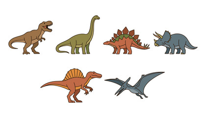 Various Prehistoric Dinosaurs Including Tyrannosaurus Rex Brachiosaurus Stegosaurus Triceratops Spinosaurus And Flying Pterodactyl In Clean Flat Graphic Style Design © Moner