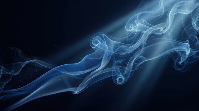 Wispy blue smoke curling in dark moody lighting with subtle sunbeams across a black background