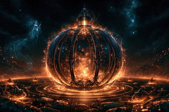 Magical pumpkin carriage glowing in fantasy cosmic world fantasy art