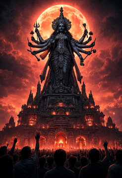 Massive Ancient Statue Under Blood Moon With Worshippers Gathering