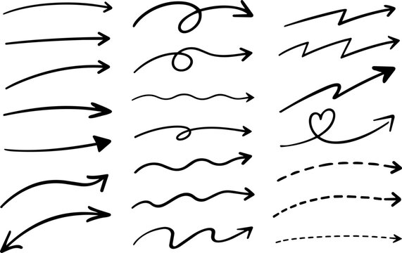 Hand drawn arrow collection featuring straight, curved, wavy, looping, zigzag and dashed arrows for presentations, layouts and decorative designs.