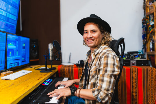 Music producer creating sounds in home recording studio
