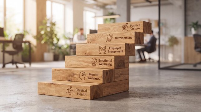 Wooden blocks forming a staircase with engraved workplace wellbeing and employee culture steps