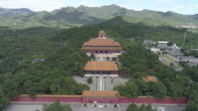 Raw footage of  Aerial drone view of Ming Tombs Changling mausoleum in China,Asia. The Ming Tombs, Sacred Way, The Ming Tombs, Beijing, China