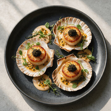 Seafood Plating Featuring Seared Scallops Topped with Black Roe and Served in Shells