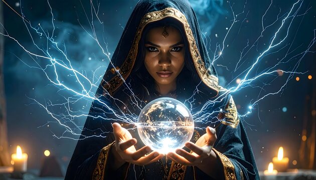 Mujer encapuchada sosteniendo una esfera luminosa entre rayos el&eacute;ctricos