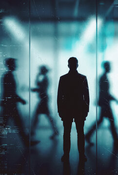 Business professional standing in a modern office corridor