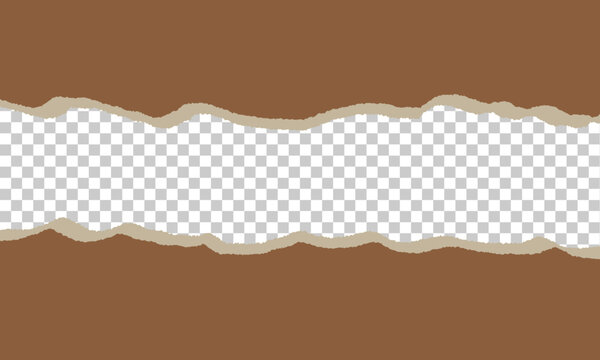 Brown paper torn edges with a ripped center section for copy space, textured paper scrap with ragged edge, horizontal banner design element
