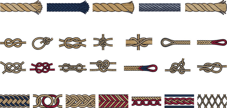 Nautical rope knot and seamless border vector illustration set. Marine cord, sailor knots, tie loop, string mesh, navy decoration, vintage maritime pattern. Vector illustration