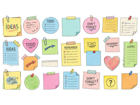 Set of colorful hand drawn sticky notes and paper memos with text for reminders and planning
