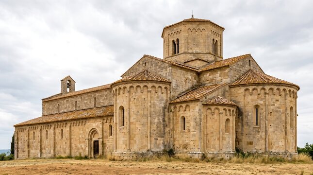 The romanesque abbey of santantimo in tuscany, italy, a medieval stone church with a bell tower and apses under a cloudy sky
