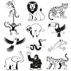 Fototapeta premium Cute Jungle Animals Black and White Sticker Collection