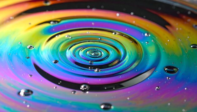 Ondas conc&eacute;ntricas multicolor en l&iacute;quido brillante con peque&ntilde;as gotas
