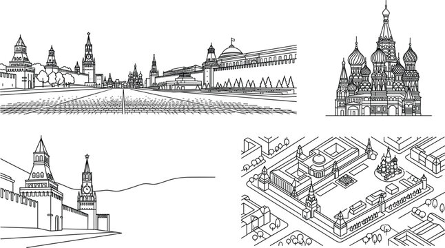 Moscow Red Square and Kremlin cathedral landmark vector illustration set. Saint Basil cathedral, fortress wall, tower, isometric cityscape, Russia travel tourism line art banner. Vector illustration