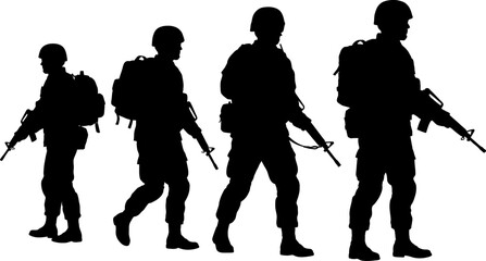 Fototapeta premium Silhouette of four soldiers walking in formation against a white background