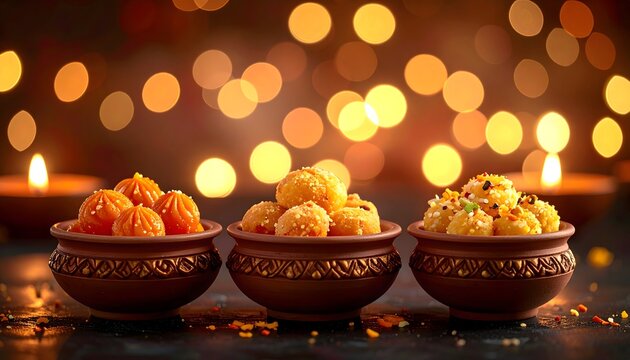 Dulces indios en cuencos decorativos con luces c&aacute;lidas festivas