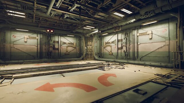 A large, dimly lit industrial space displays marked directional arrows on the floor. Metal walls reveal pipes and equipment overhead, suggesting an advanced technology environment.